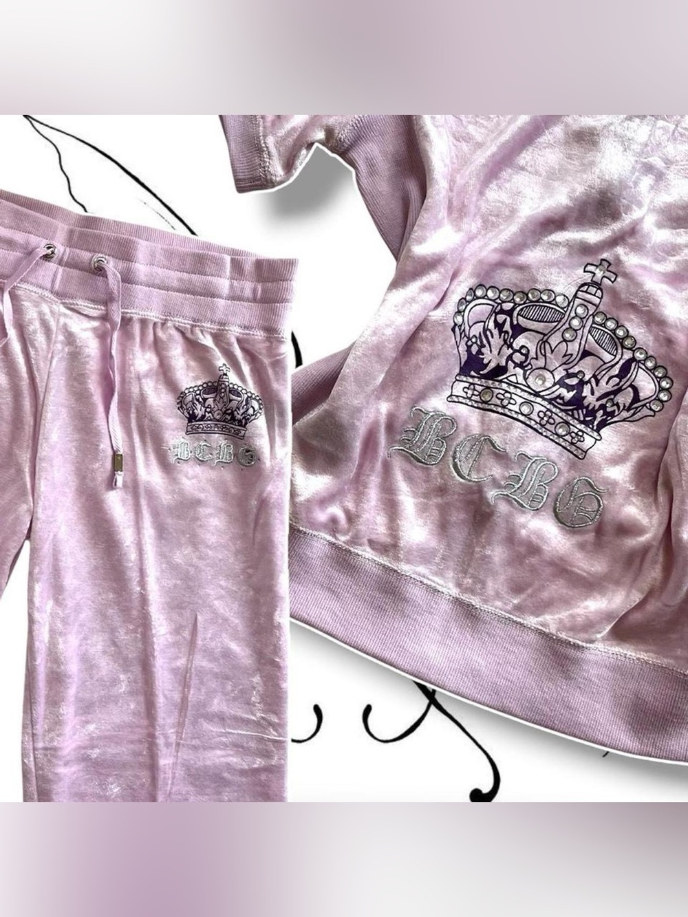 Y2K BCBG Pink & Purple Velour Crown Embroidered Tracksuit Set With Rhinestones